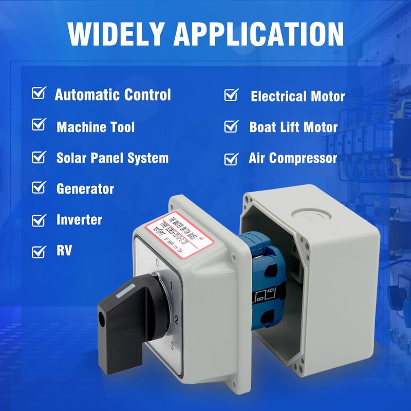 Keymoo 20A Rotary Changeover Switch with Box, 660V 4 Position 2 Poles 8 Terminals, Blue Universal Selector Switch with Fork Terminals, IP65 (4 Positions 2 Poles - Blue) - Image 2